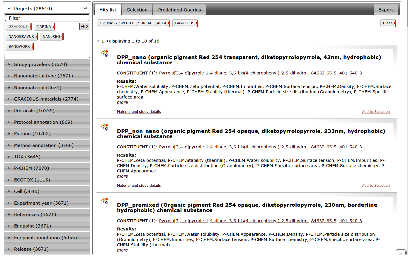 predefined queries results